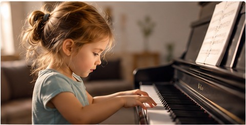 Young beginner learning at a piano