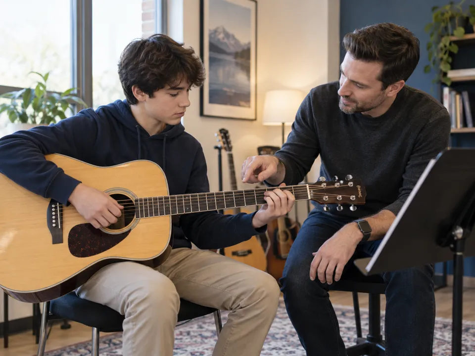 Beginner learning acoustic guitar with an instructor
