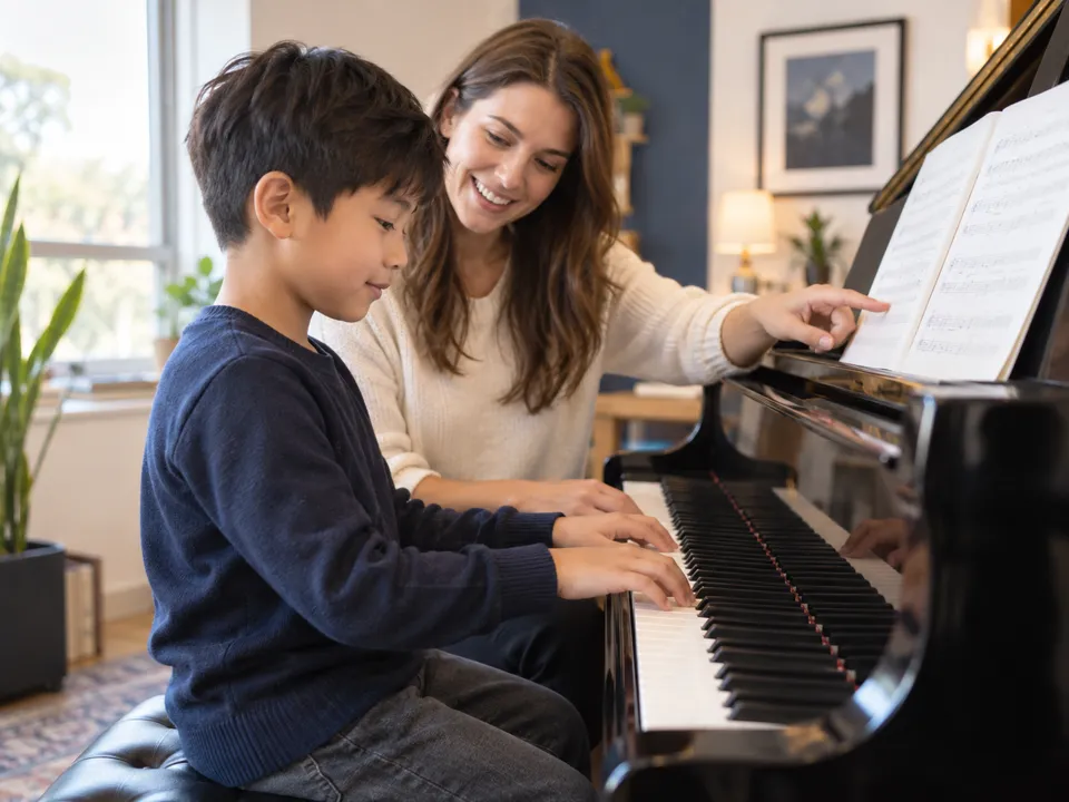 Student learning piano during a private lesson at OPSMA in Mississauga